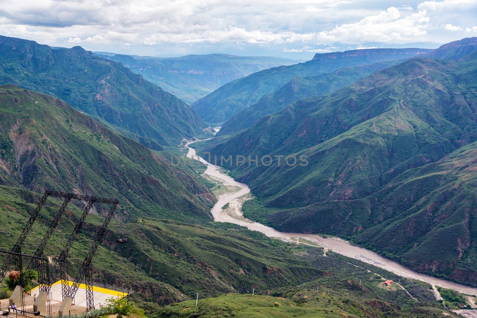 View of Chicamocha Canyon with a giant swing in the bottom left near Bucaramanga, Colombia