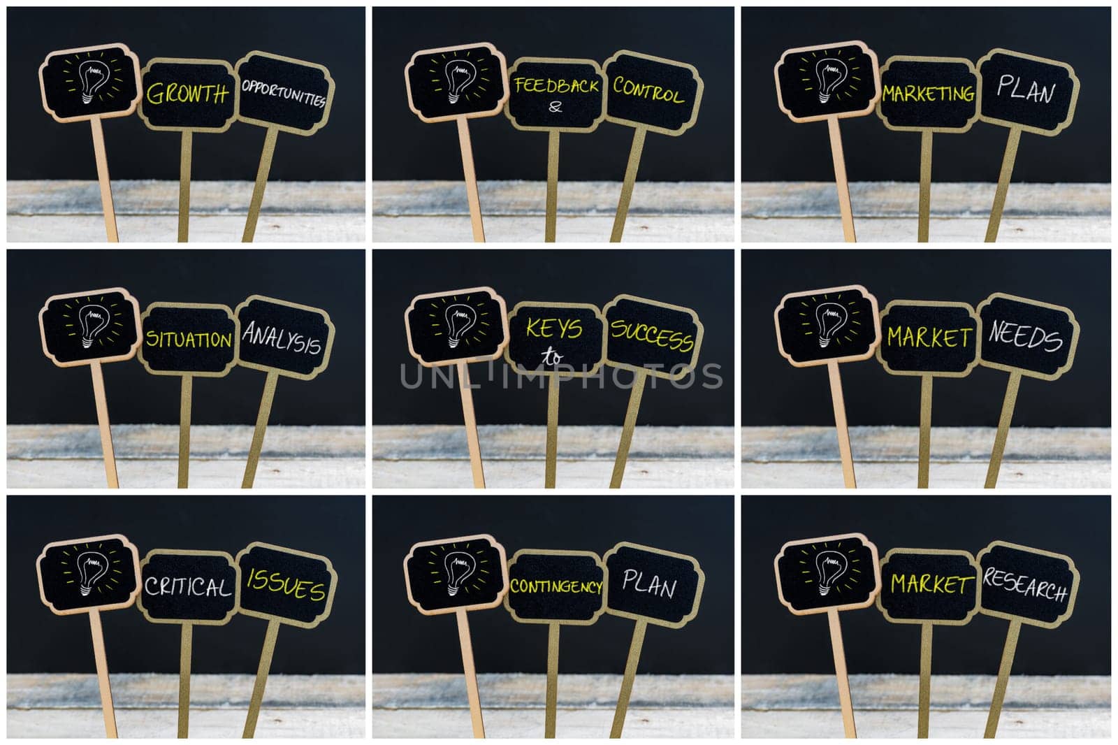Photo collage of concept messages written with chalk on wooden mini blackboard labels and light bulb as symbol for idea, defocused chalkboard and wood table in background