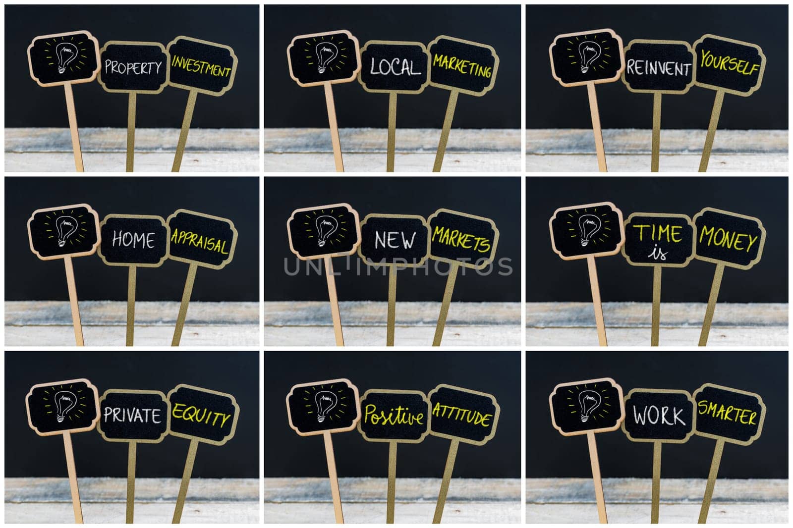 Photo collage of concept messages written with chalk on wooden mini blackboard labels and light bulb as symbol for idea, defocused chalkboard and wood table in background