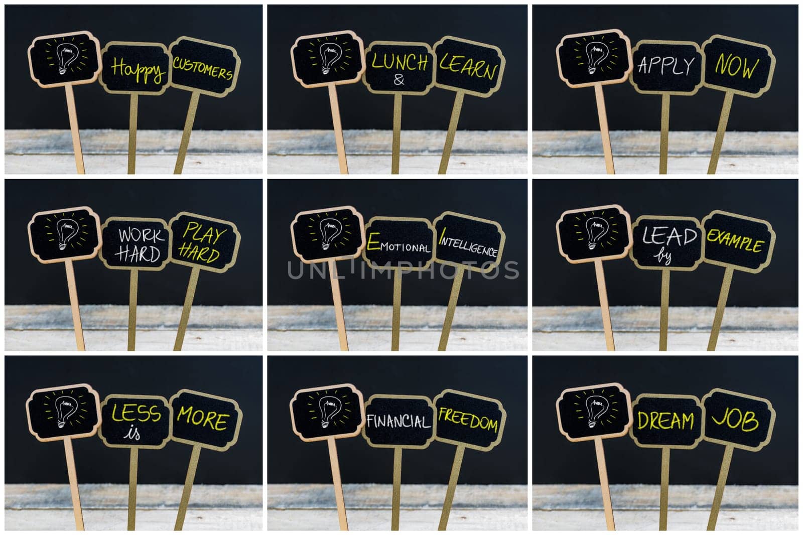 Photo collage of concept messages written with chalk on wooden mini blackboard labels and light bulb as symbol for idea, defocused chalkboard and wood table in background
