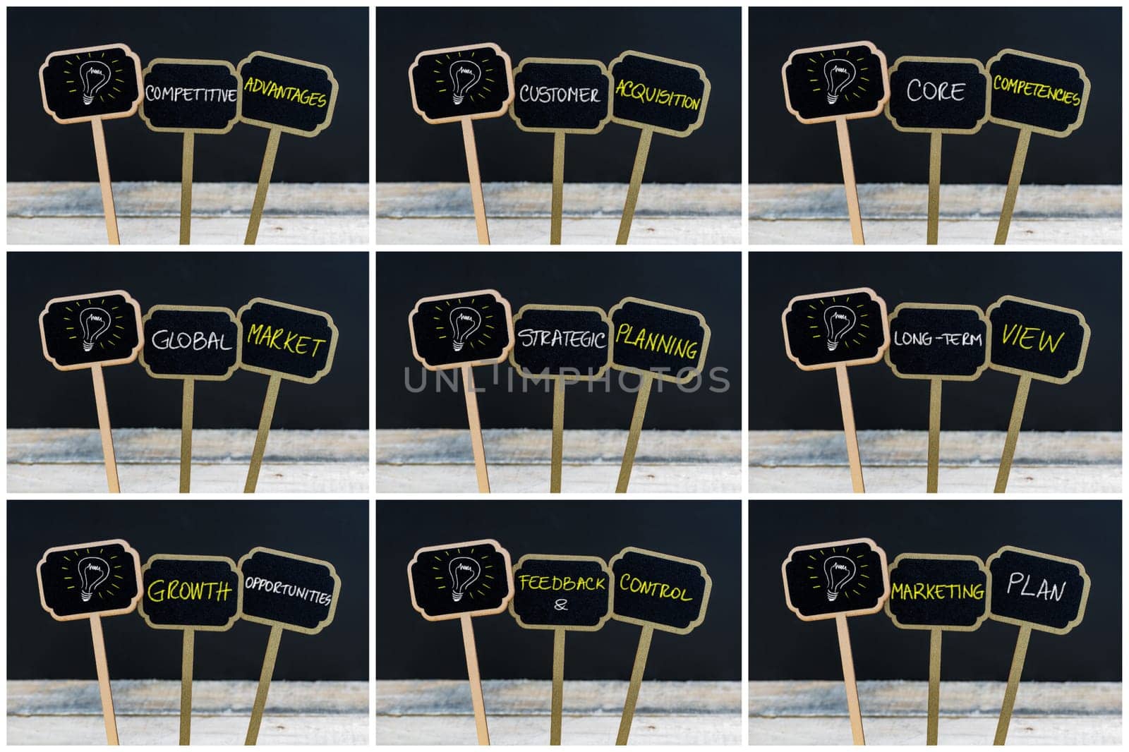 Photo collage of concept messages written with chalk on wooden mini blackboard labels and light bulb as symbol for idea, defocused chalkboard and wood table in background