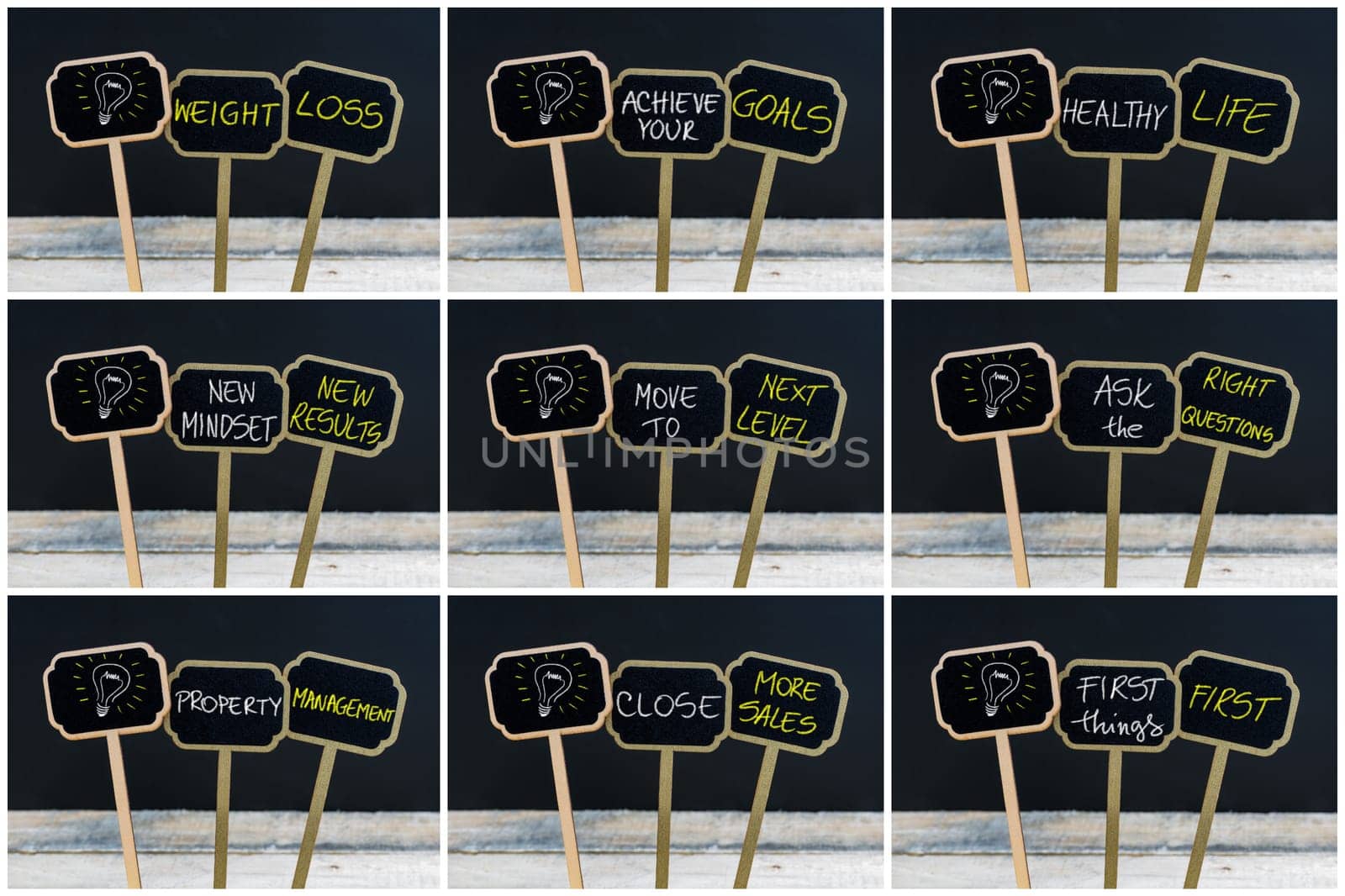 Photo collage of concept messages written with chalk on wooden mini blackboard labels and light bulb as symbol for idea, defocused chalkboard and wood table in background