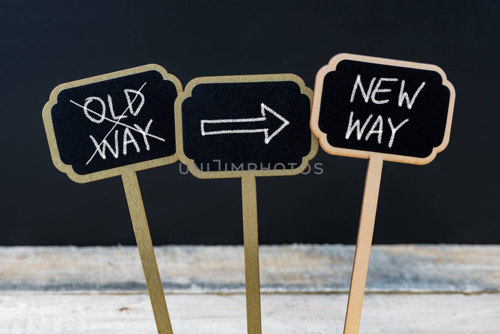 Concept message NEW WAY versus OLD WAY written with chalk on wooden mini blackboard labels, defocused chalkboard and wood table in background