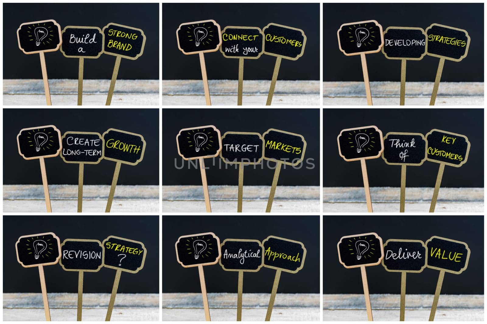 Photo collage of concept messages written with chalk on wooden mini blackboard labels and light bulb as symbol for idea, defocused chalkboard and wood table in background