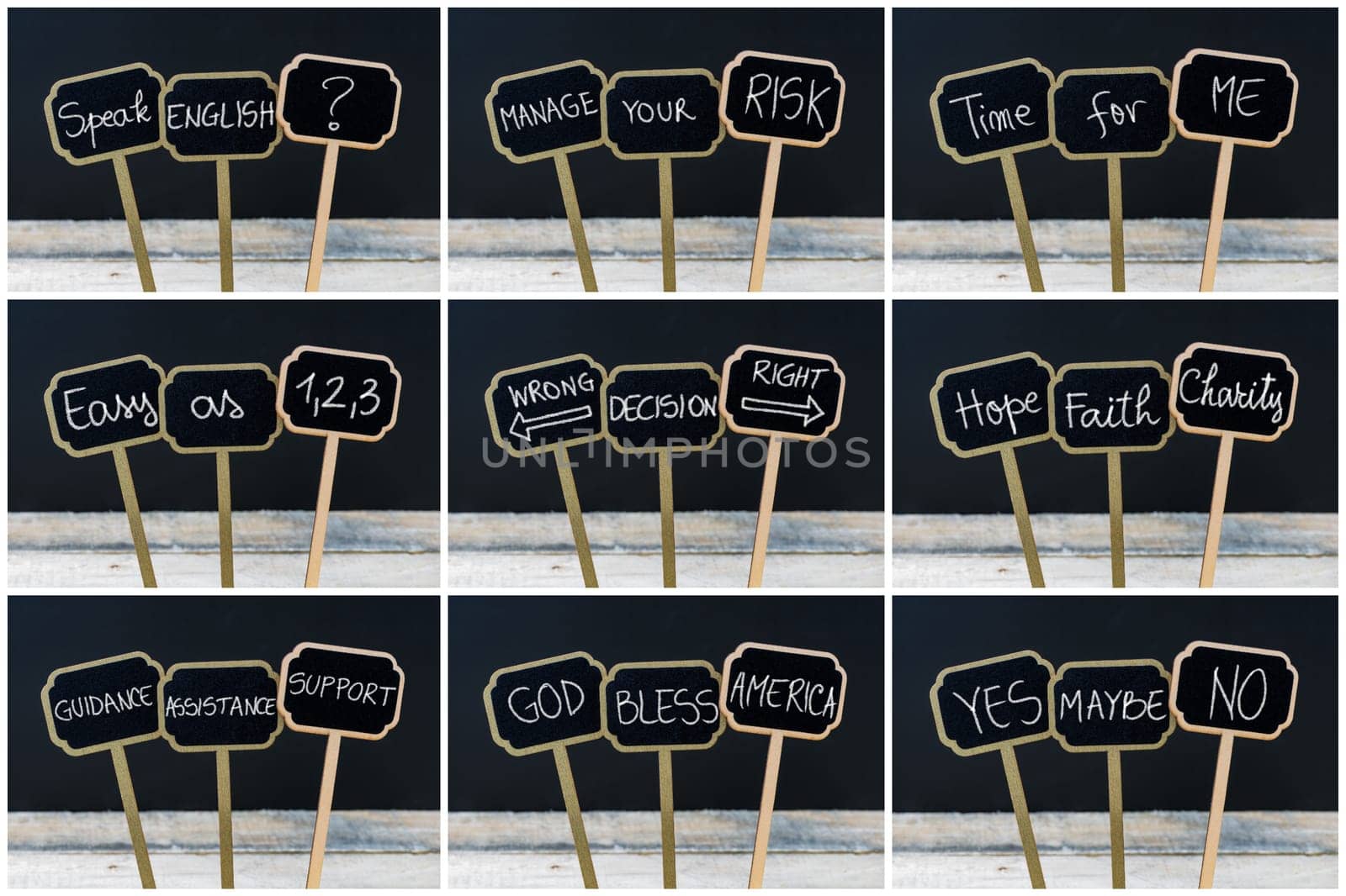 Photo collage of concept messages written with chalk on wooden mini blackboard labels, defocused chalkboard and wood table in background