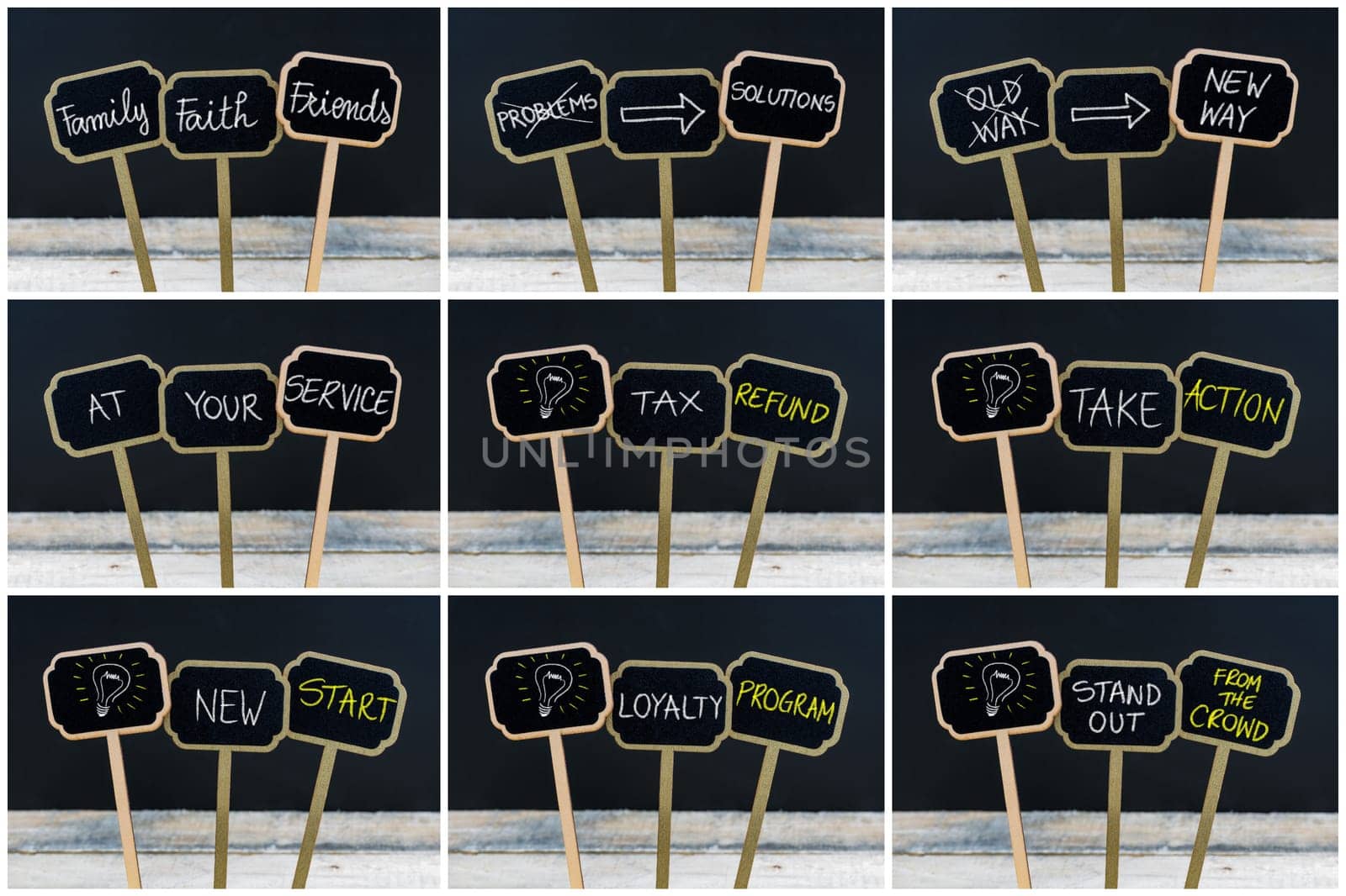 Photo collage of concept messages written with chalk on wooden mini blackboard labels and light bulb as symbol for idea, defocused chalkboard and wood table in background