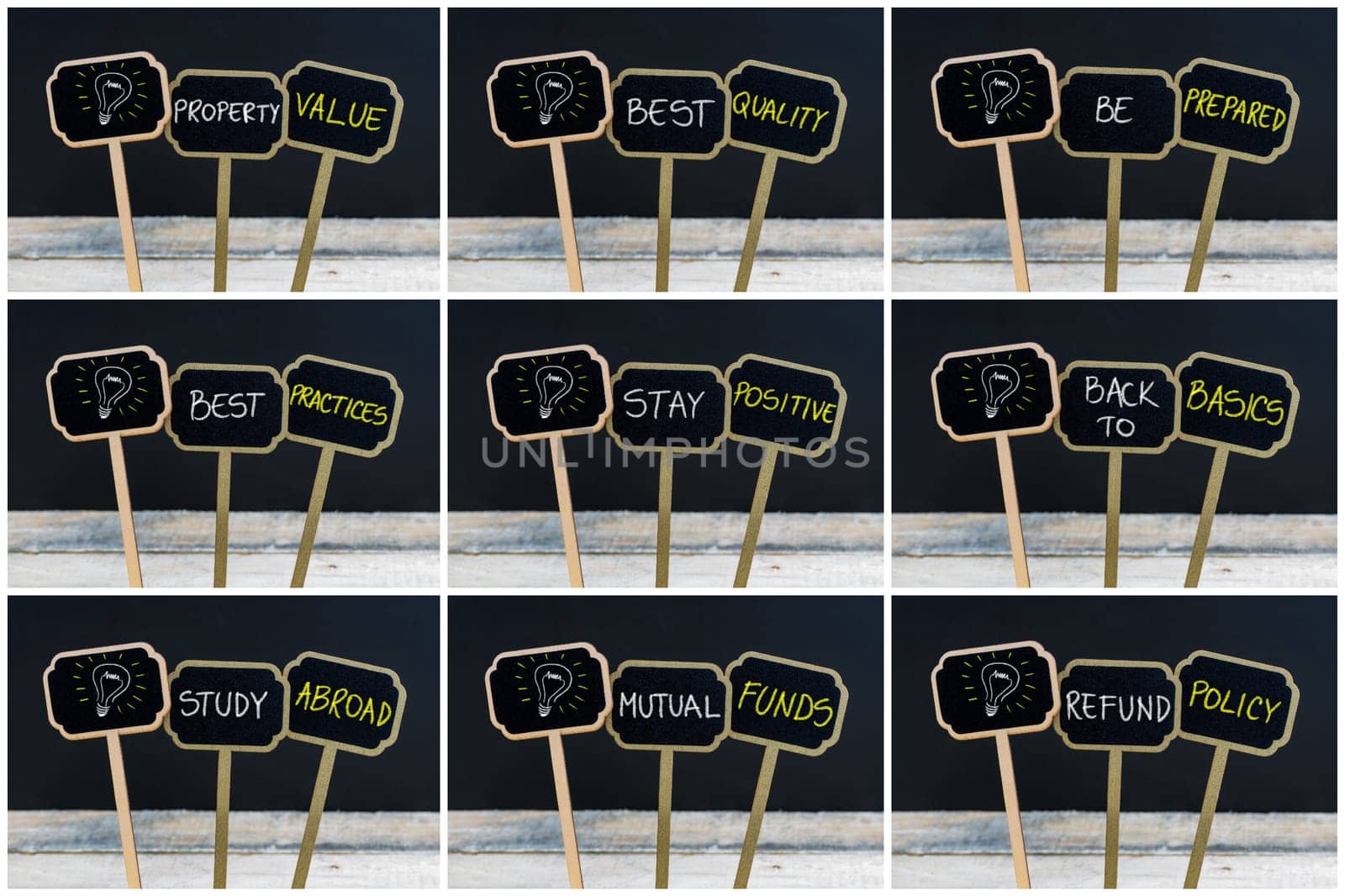 Photo collage of concept messages written with chalk on wooden mini blackboard labels and light bulb as symbol for idea, defocused chalkboard and wood table in background