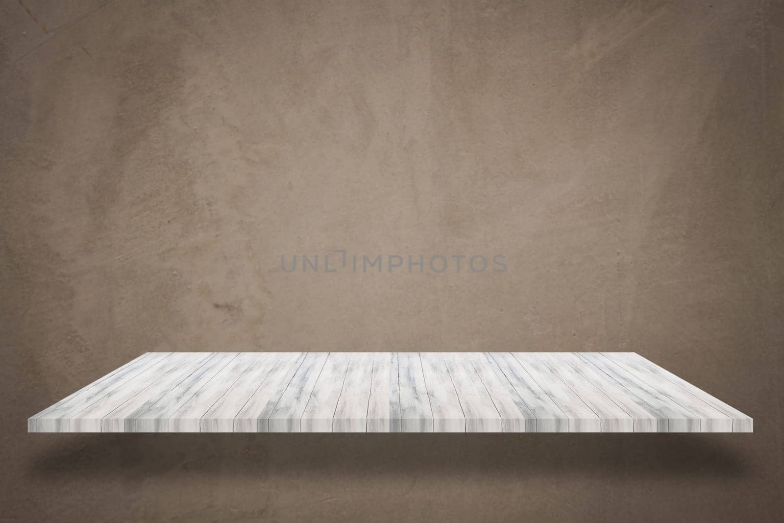 Empty white top wooden shelf with concrete wall background. For product display