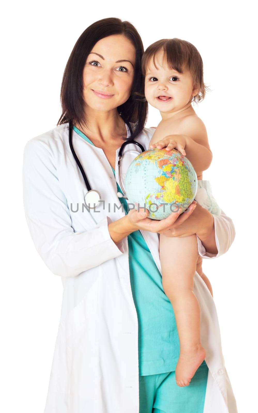 Doctor and baby holding globe. Isolated on white.