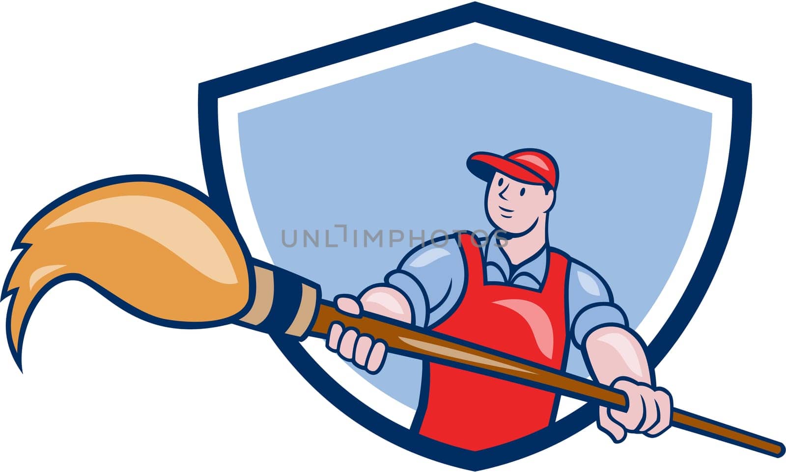 Illustration of an artist painter holding a giant paintbrush set inside shield crest on isolated background done in cartoon style.