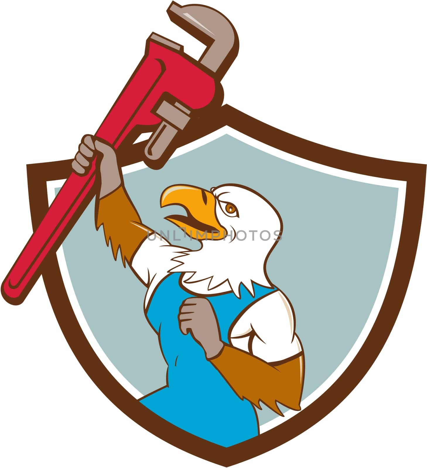 Illustration of a american bald eagle plumber raising up giant pipe wrench adjustable wrench over head looking up viewed from the side set inside circle on isolated background done in cartoon style.