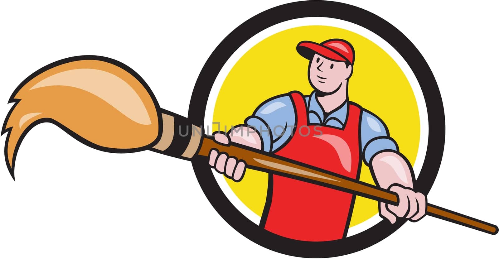 Illustration of an artist painter holding a giant paintbrush set inside circle on isolated background done in cartoon style.