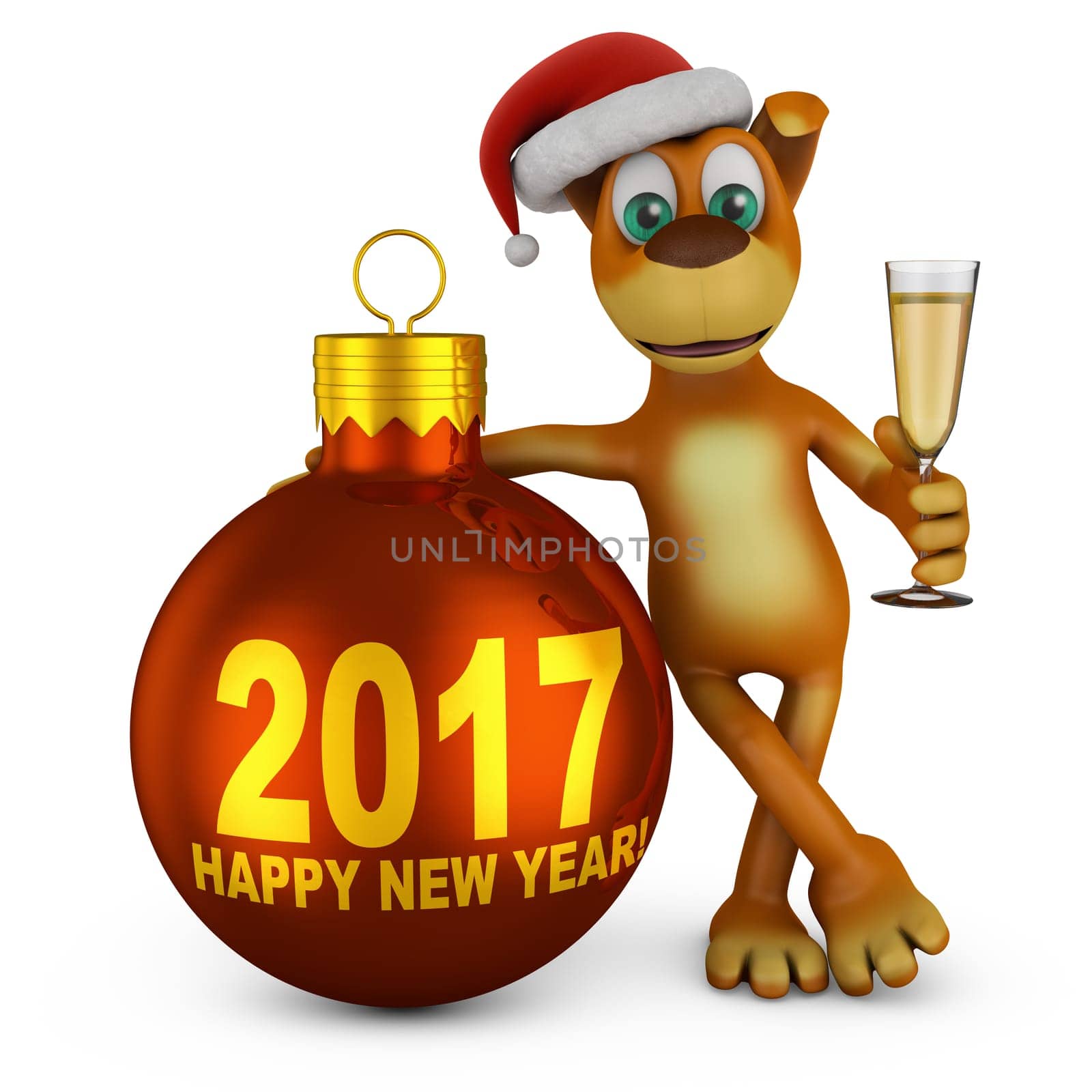 Cartoon dog in a Santa hat with a glass of wine near Christmas-tree ball. 3D render.