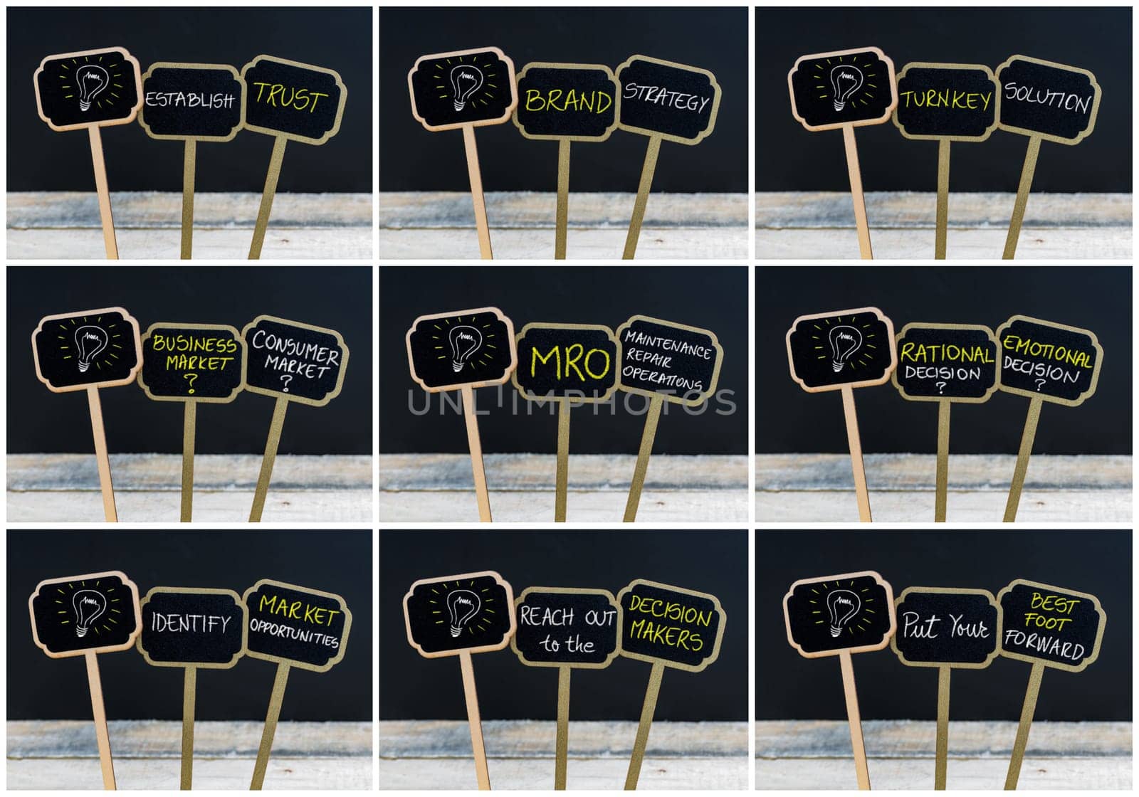 Photo collage of concept messages written with chalk on wooden mini blackboard labels and light bulb as symbol for idea, defocused chalkboard and wood table in background