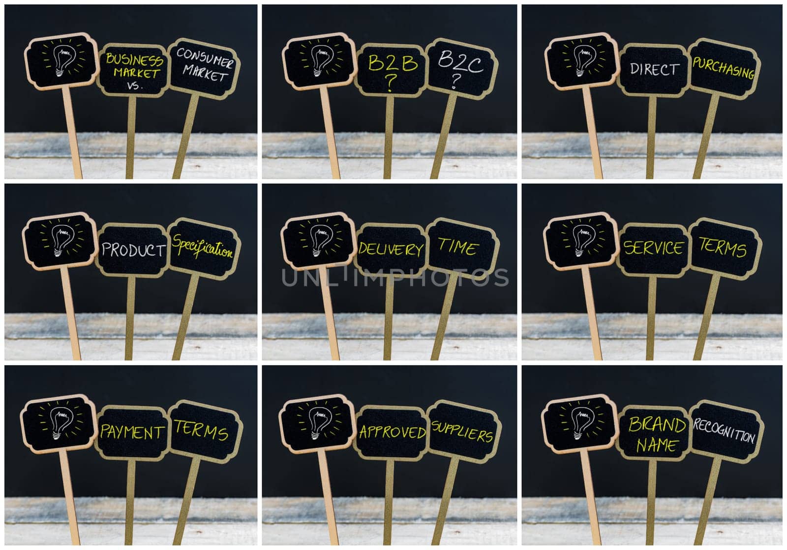 Photo collage of concept messages written with chalk on wooden mini blackboard labels and light bulb as symbol for idea, defocused chalkboard and wood table in background