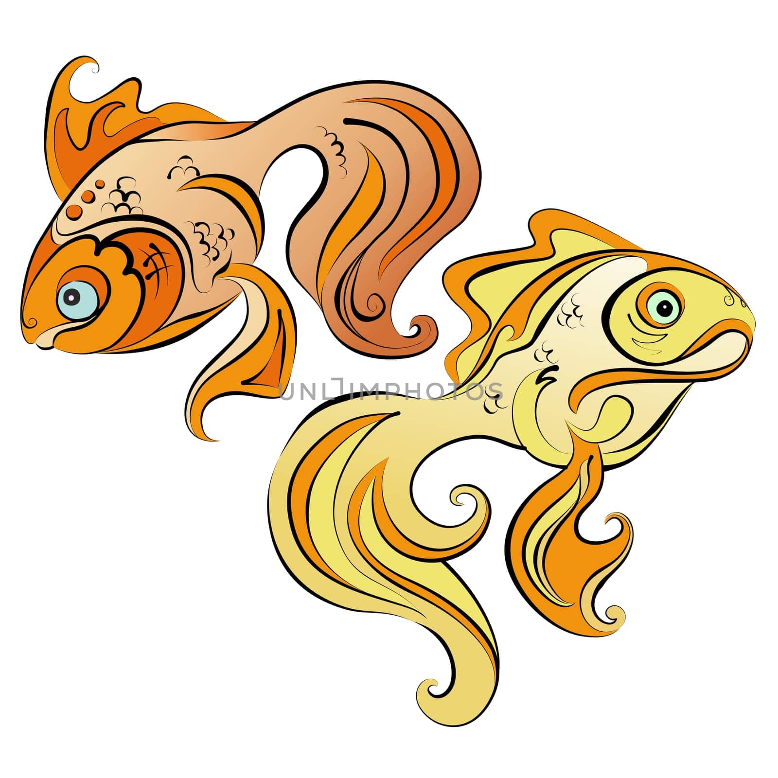 Illustration of two stylized gold fish on white background