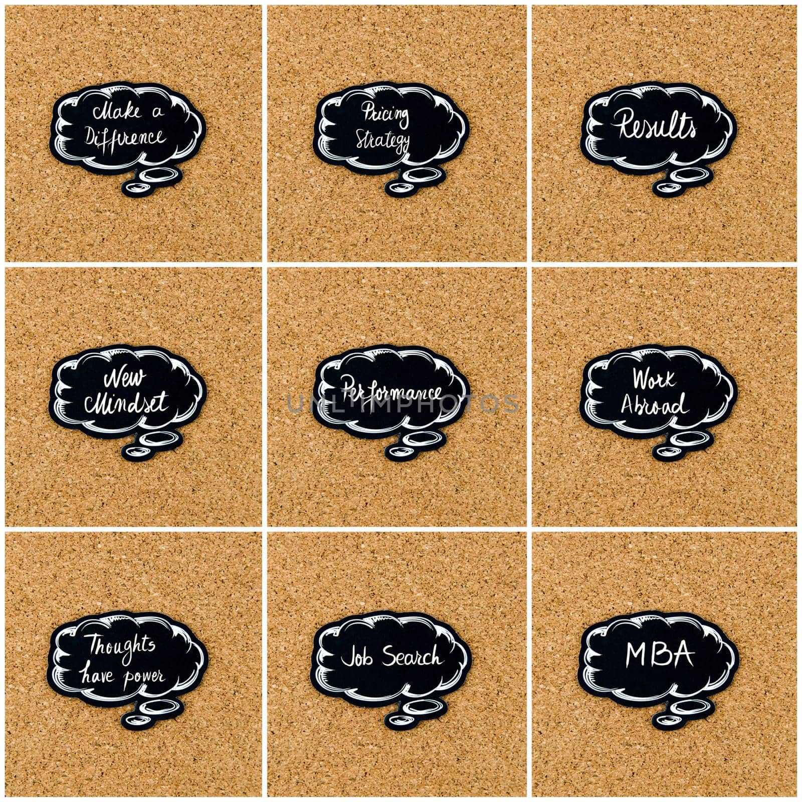 Photo collage of various words written on black thinking bubble over cork board background, copy space available