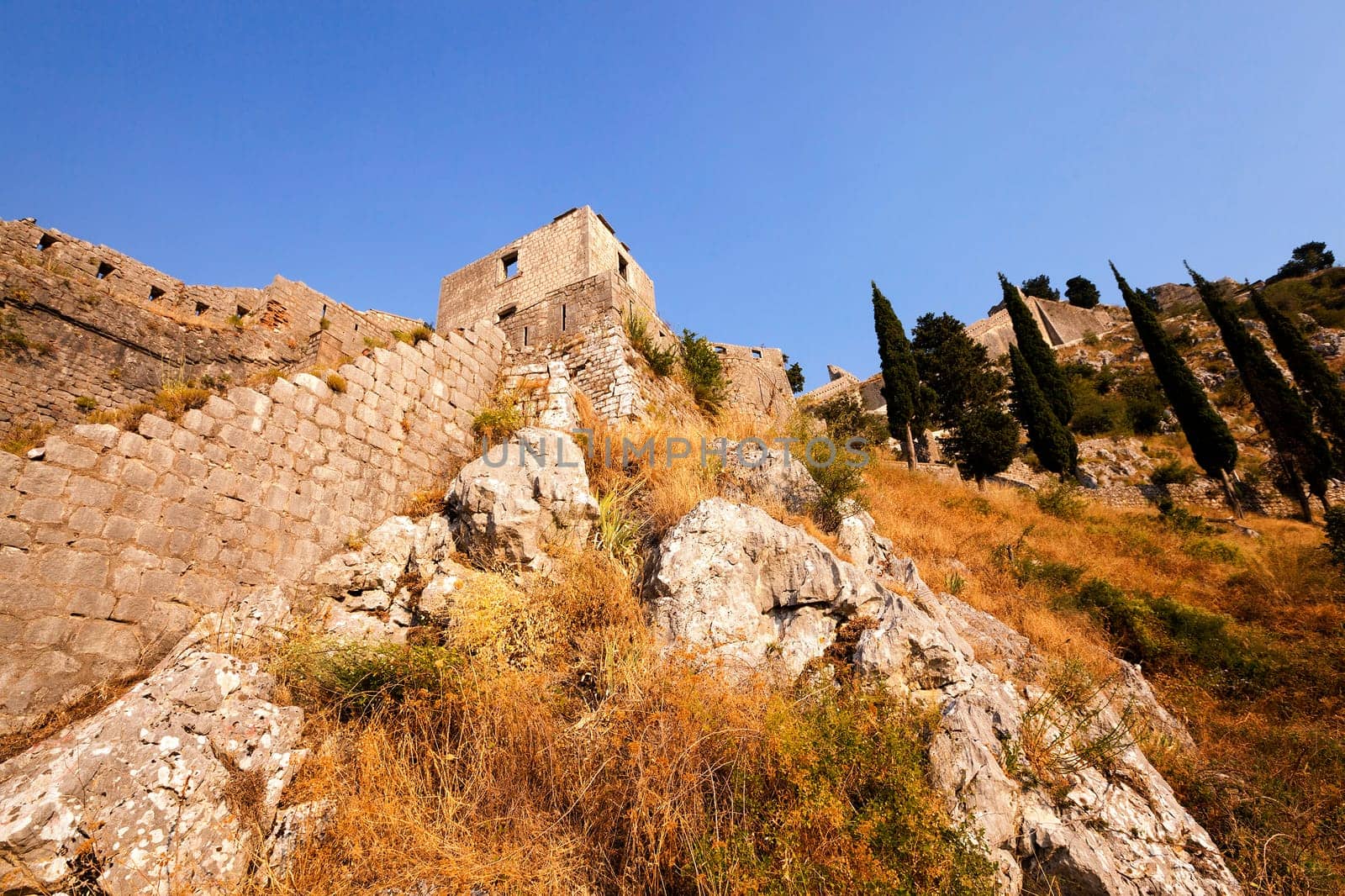 the fortress ruins located on the mountain in Montenegro. City of Kotor