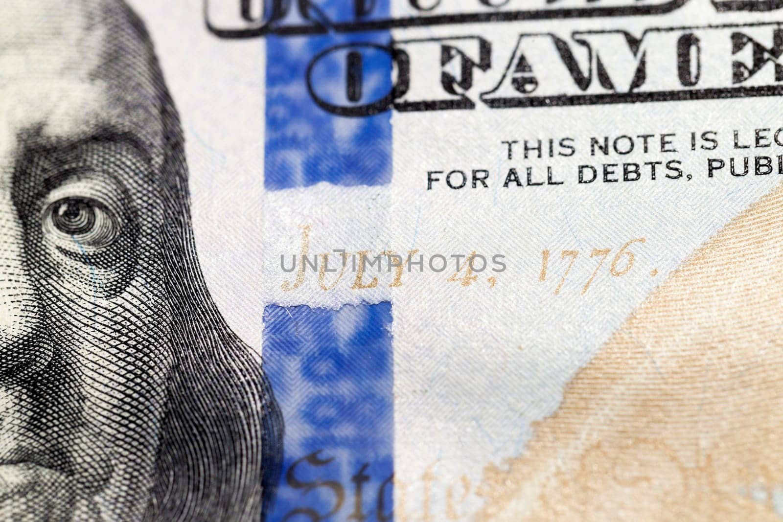 photographed close-up of American paper money worth one hundred dollars, the new American bil