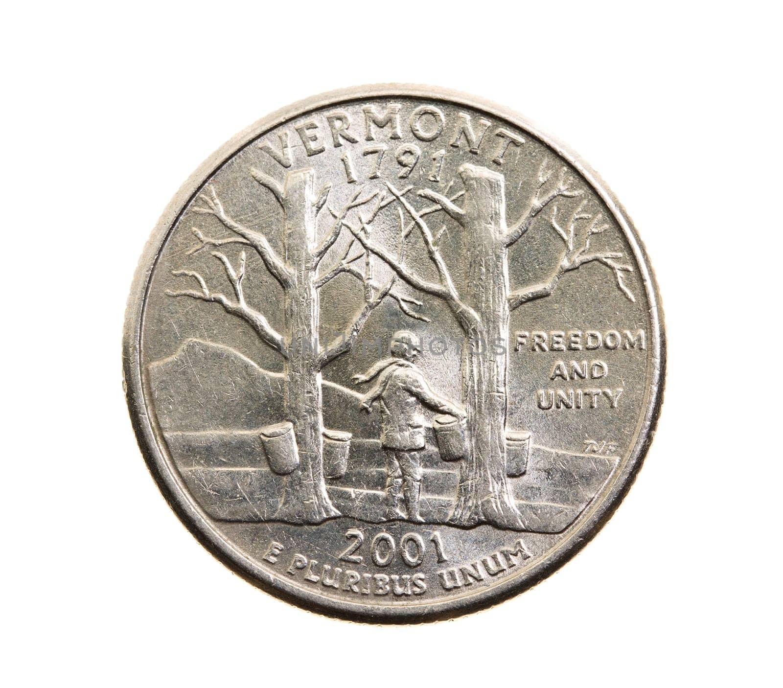 photographed close-up on white background coin dollar American quarter - twenty-five cents, Vermont