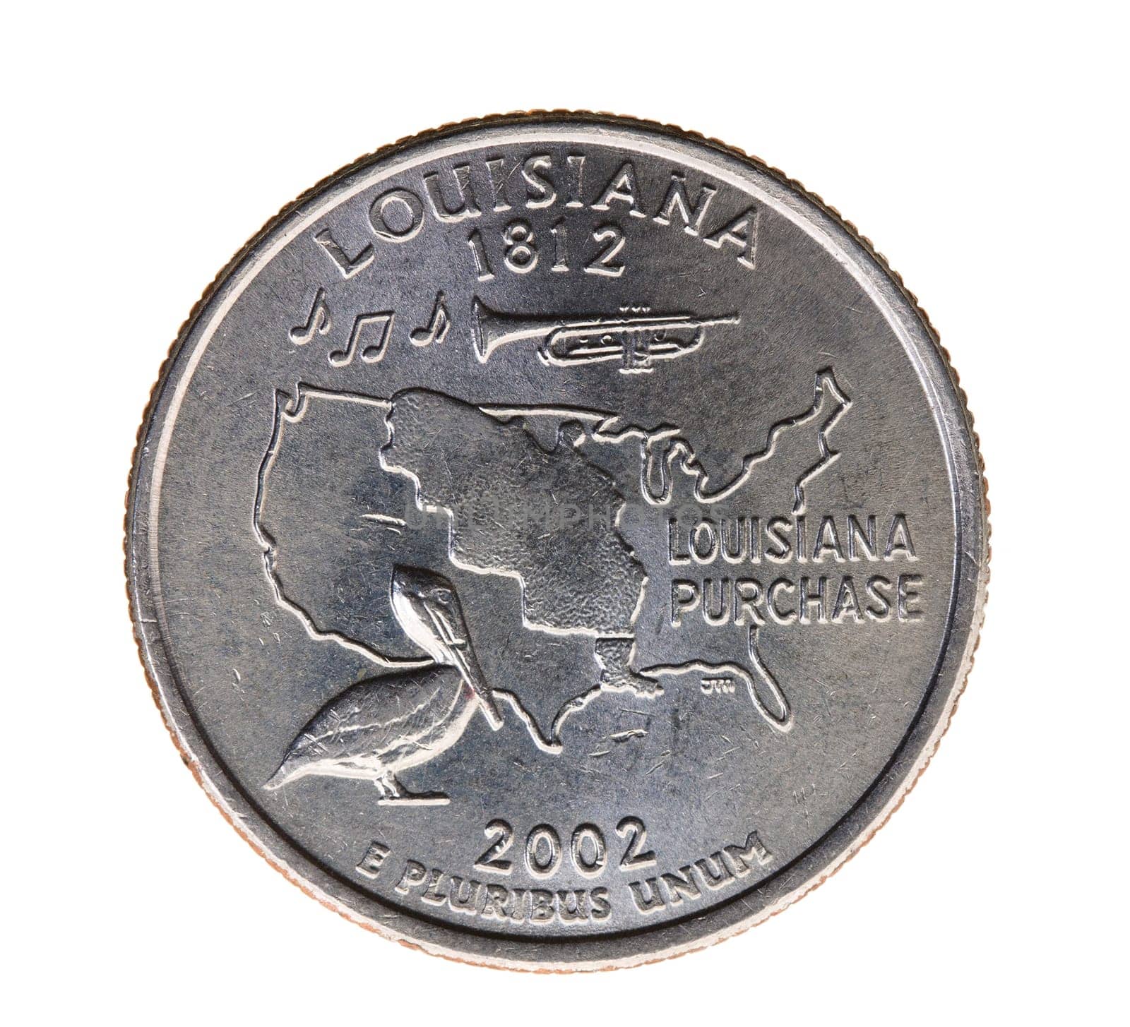 photographed close-up on white background coin dollar American quarter - twenty-five cents, Louisiana