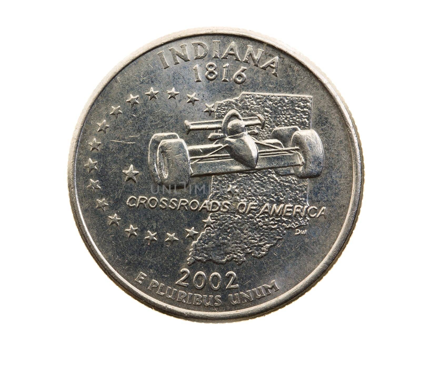 photographed close-up on white background coin dollar American quarter - twenty-five cents, Indiana