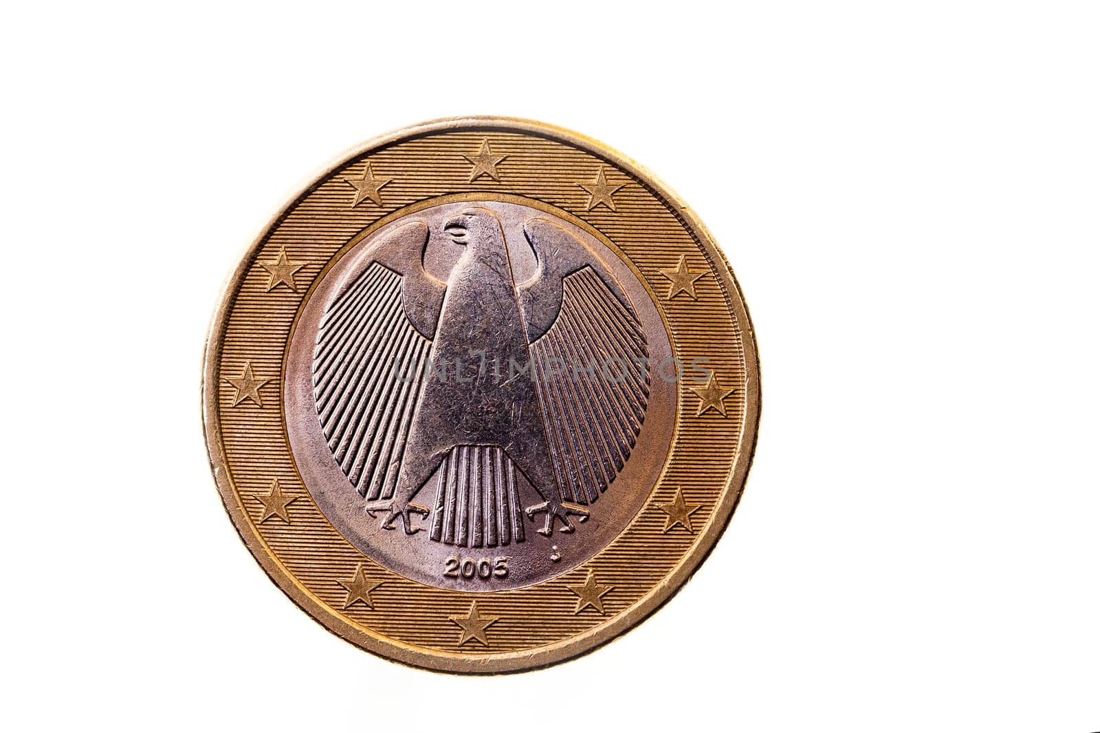 photographed close-up on white background coin of the European union of one euro