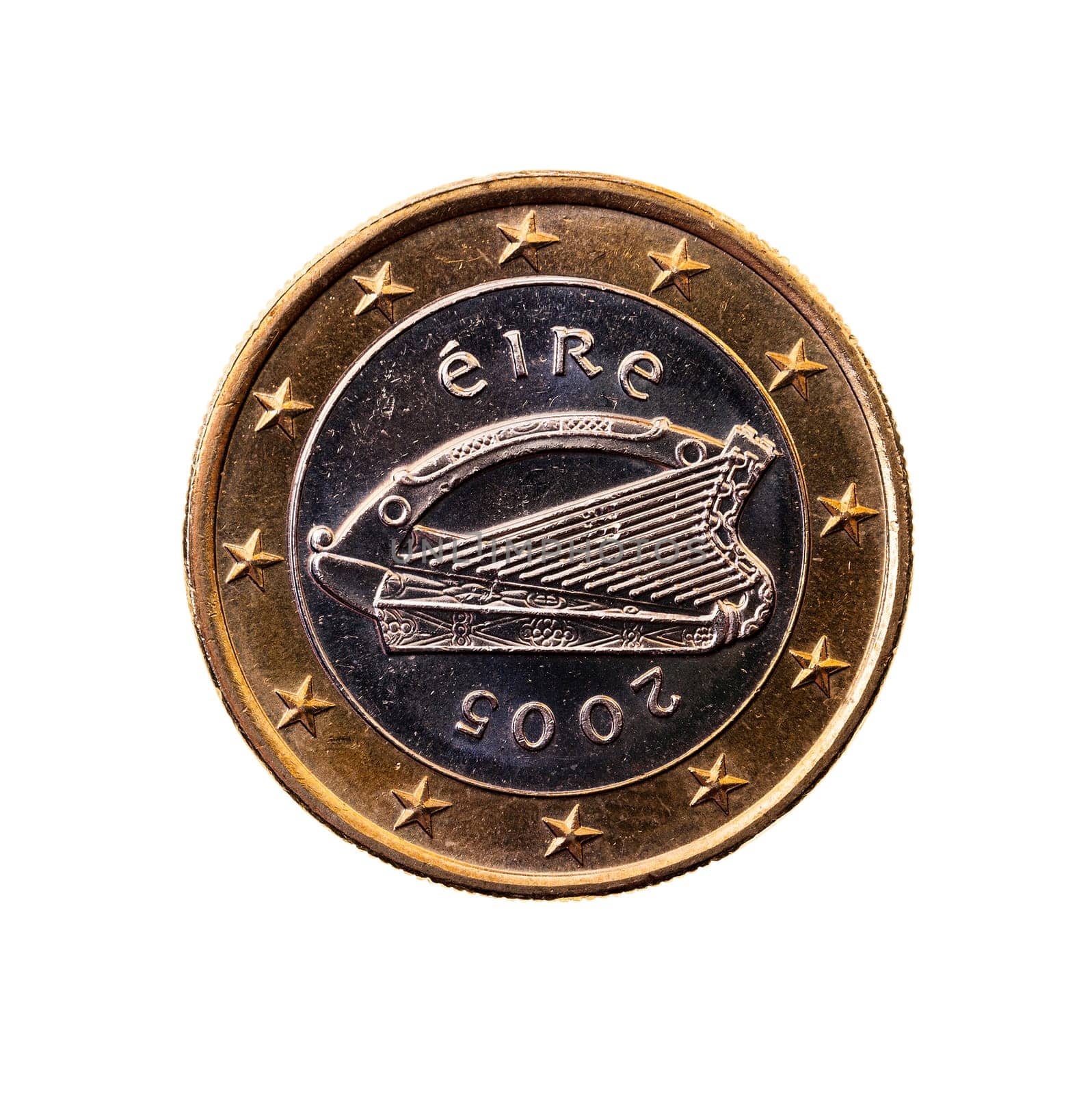 photographed close-up on white background coin of the European union of one euro
