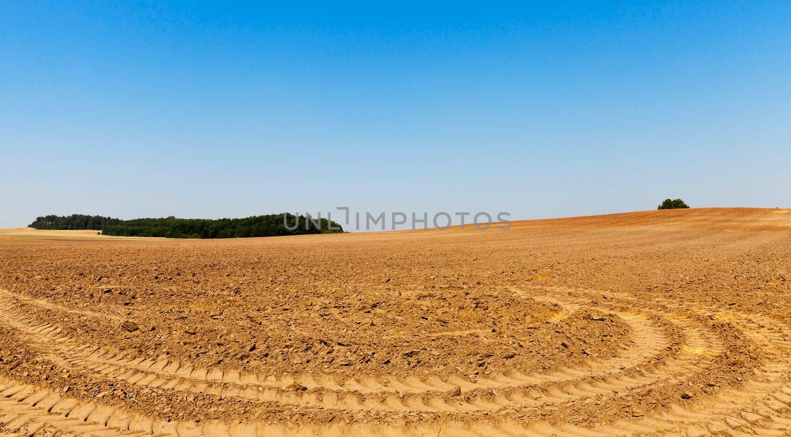 on a plowed field agricultural land intended for planting and growing food, the blue sky and the traces of the tractor