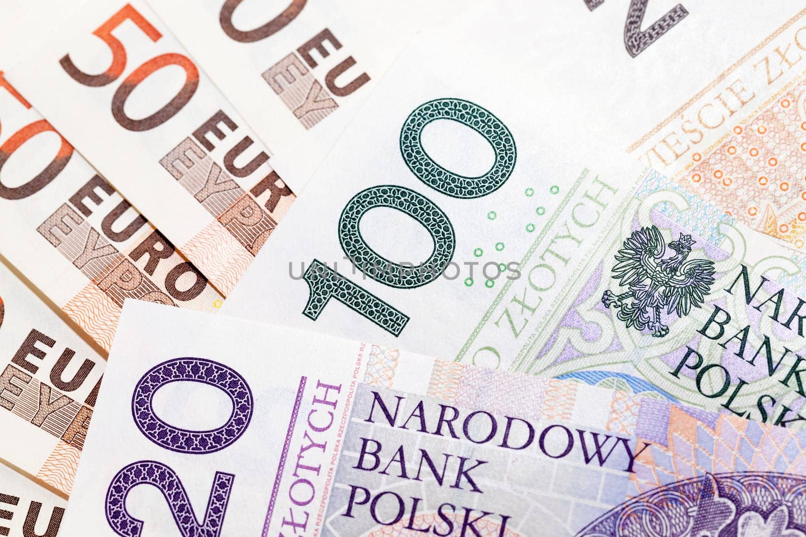 photographed close-up paper money of Poland - zloty and euro