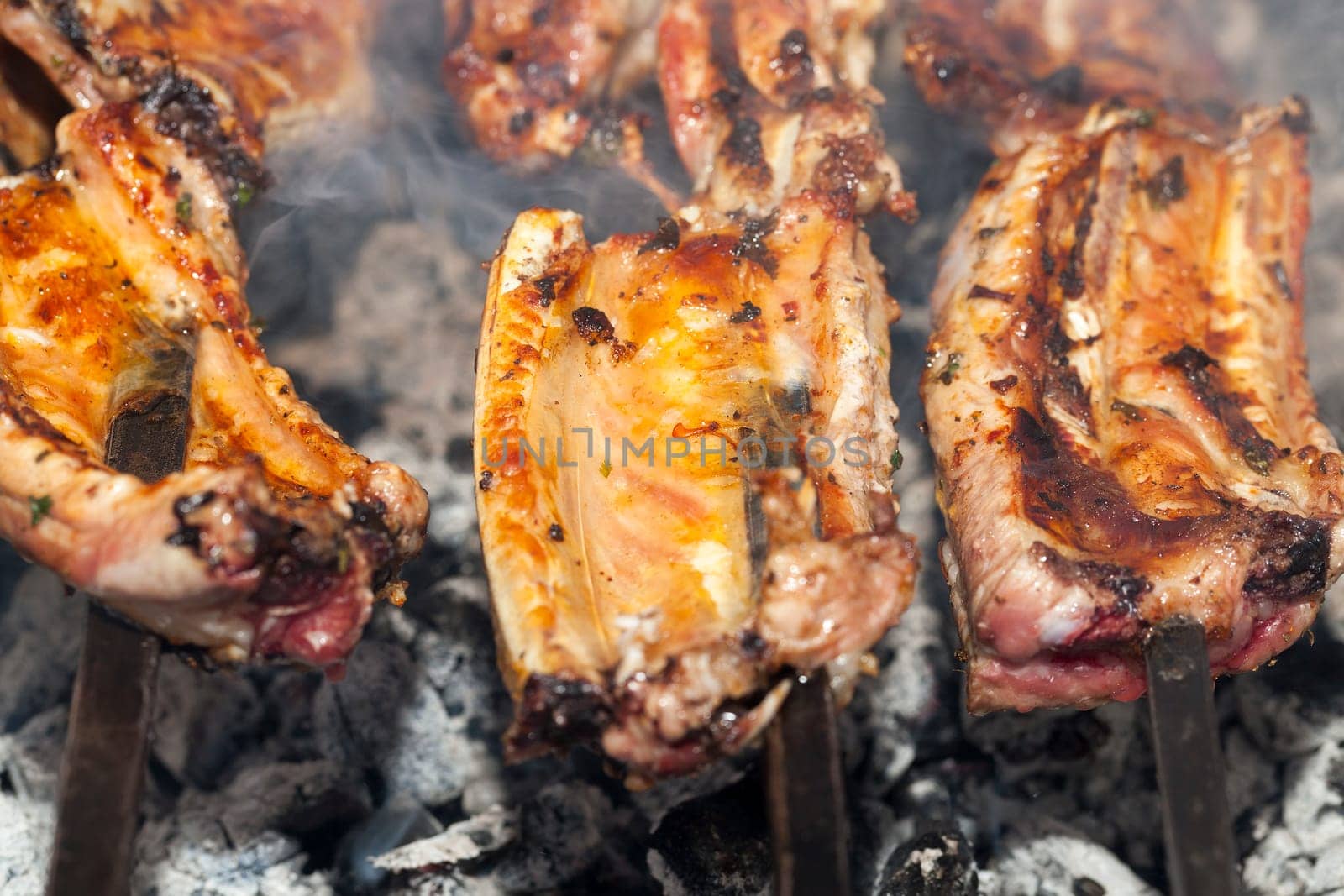 photographed closeup kebab made in nature. Used large pork meat