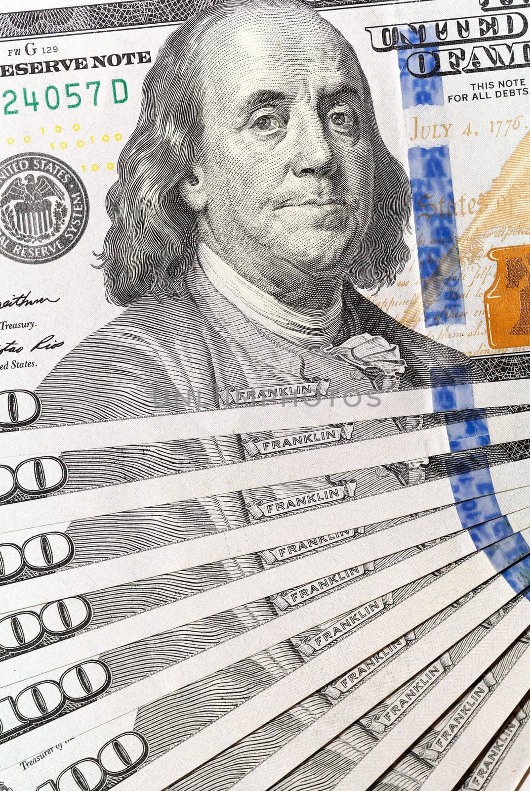 photographed close-up of American paper money worth one hundred dollars, the new American bil