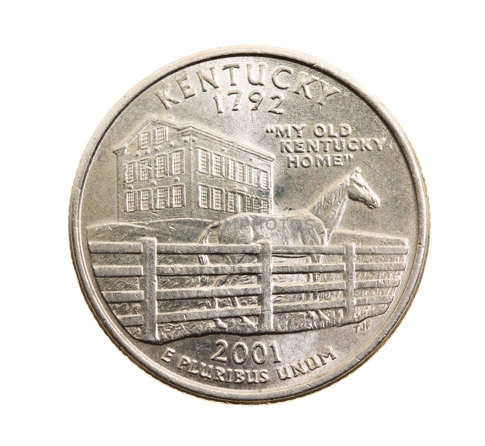 photographed close-up on white background coin dollar American quarter - twenty-five cents, Kentucky