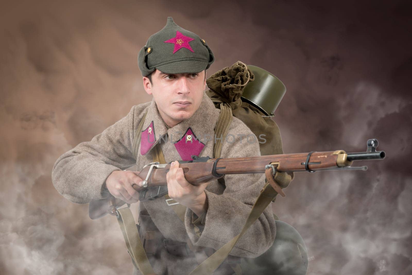 young Soviet soldier ww2 with rifle, attack