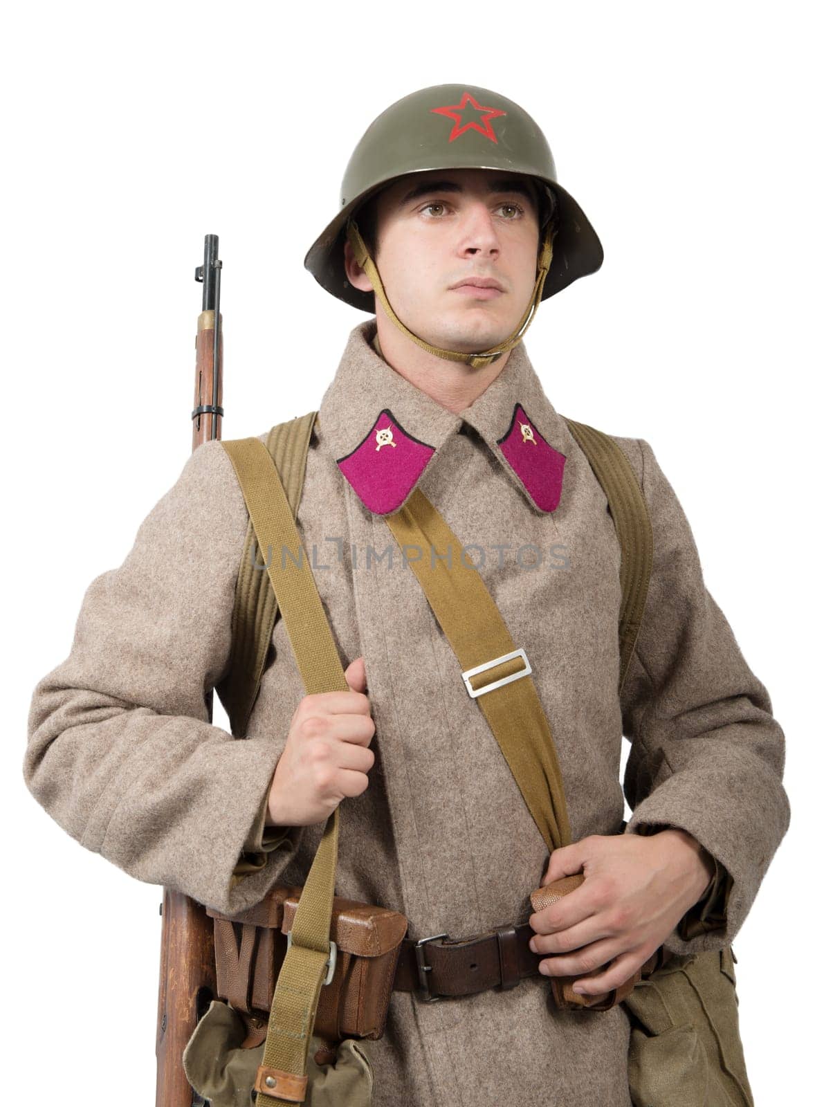 young Soviet soldier with winter uniform, wwii, isolated on the white background