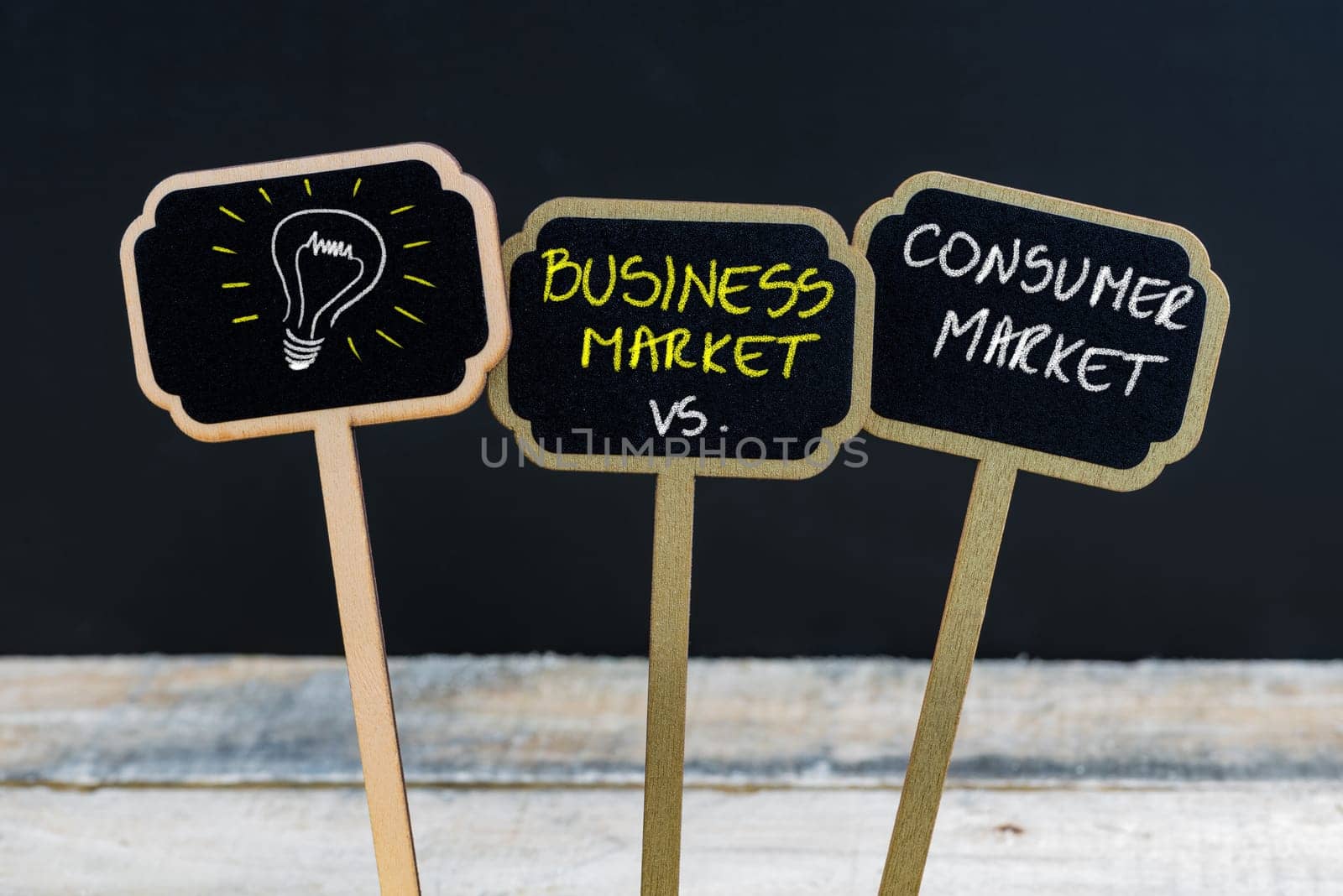 Concept message BUSINESS MARKET versus CONSUMER MARKET and light bulb as symbol for idea written with chalk on wooden mini blackboard labels, defocused chalkboard and wood table in background
