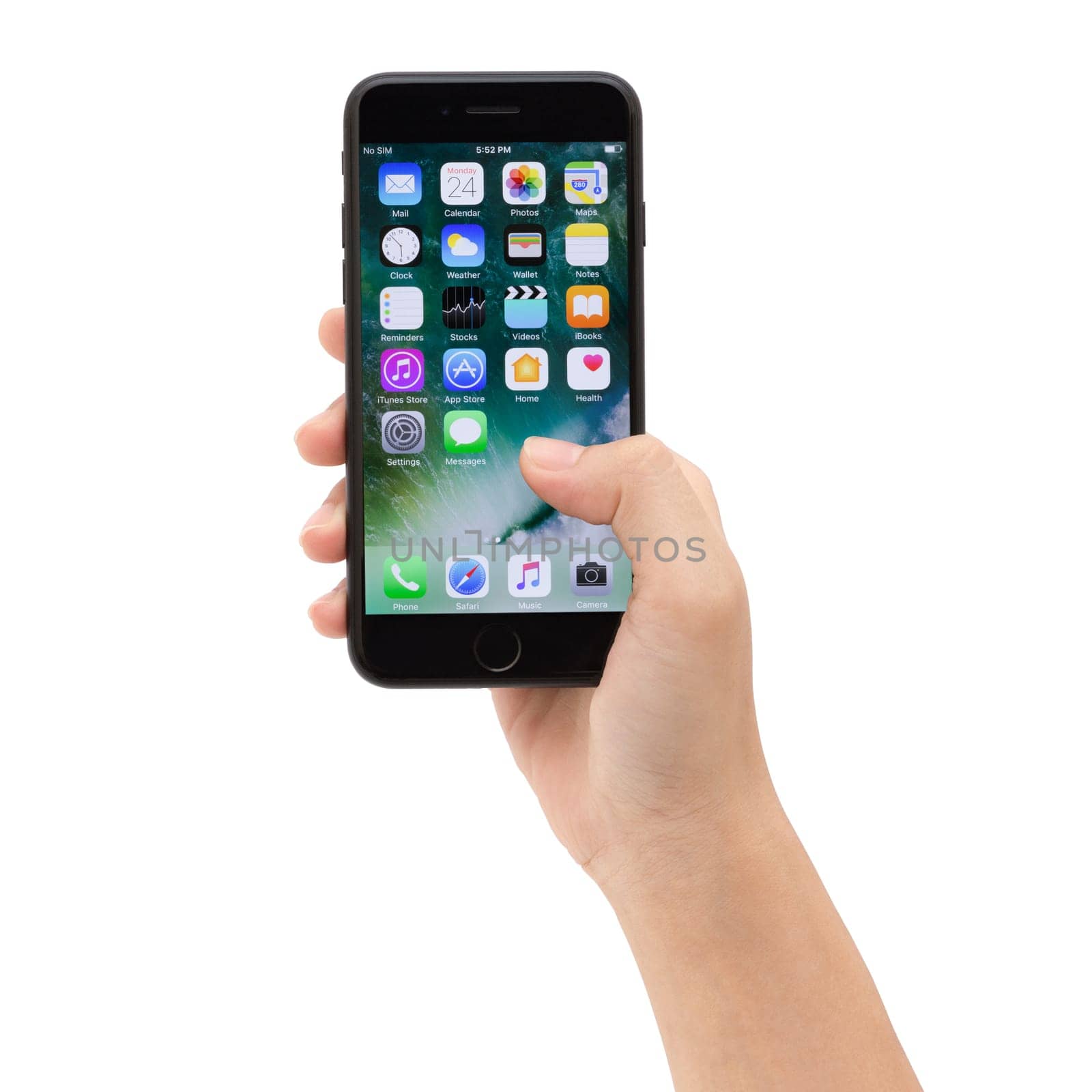 Bangkok, Thailand - October 22, 2016: Close-up holding iPhone 7 showing app screen, new iPhone 7 is manufactured by apple Inc.