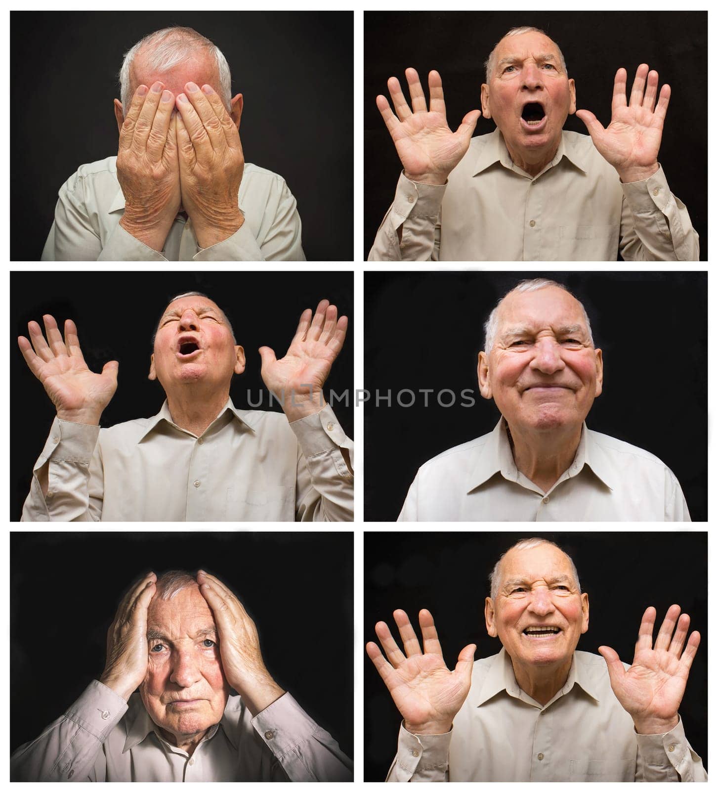 The old man with different emotions on a dark background. Collage