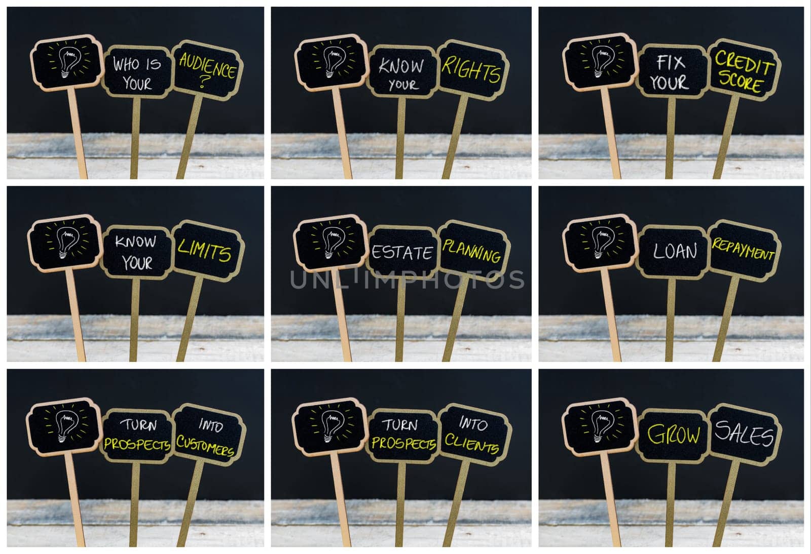 Photo collage of concept messages written with chalk on wooden mini blackboard labels and light bulb as symbol for idea, defocused chalkboard and wood table in background