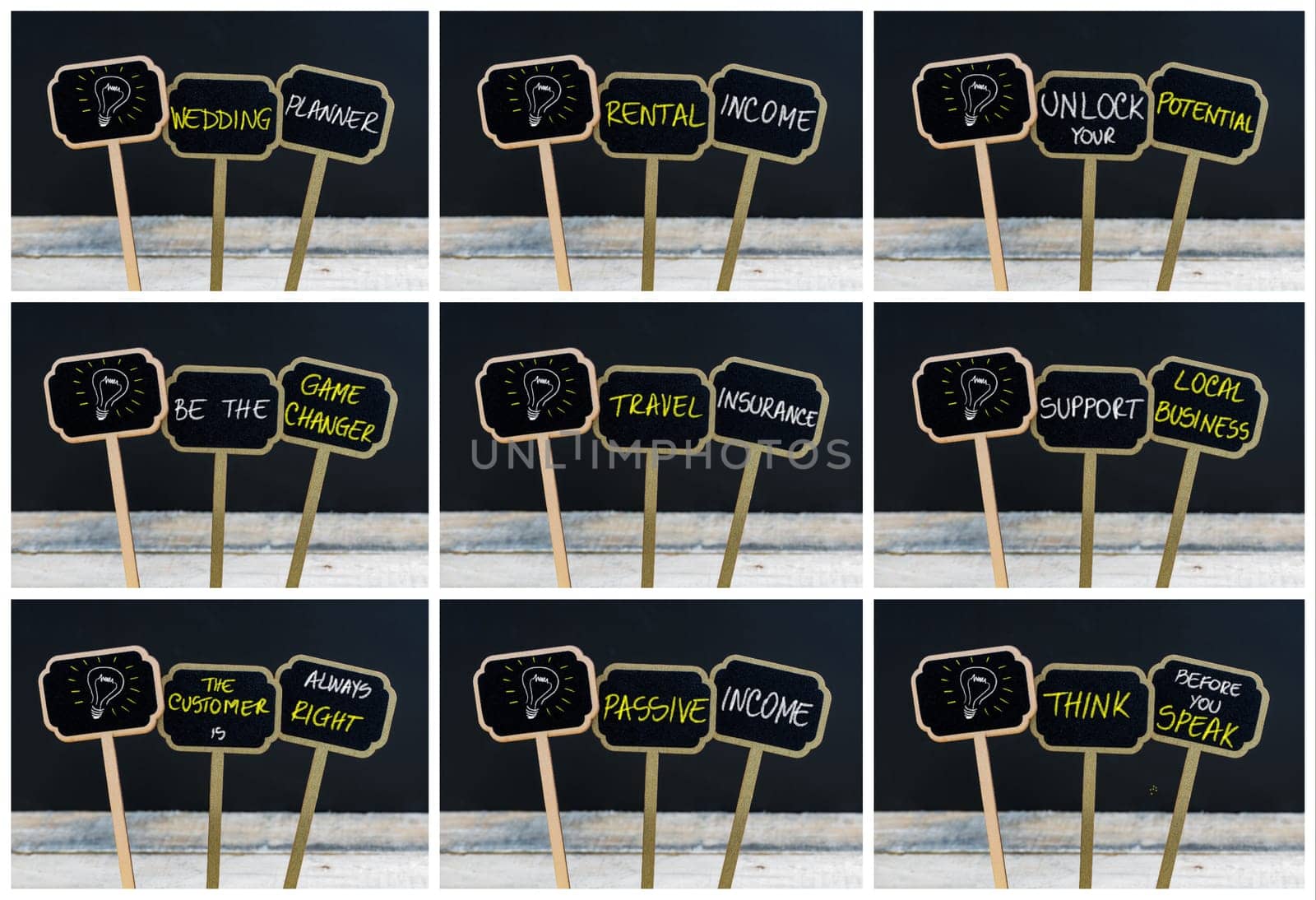 Photo collage of concept messages written with chalk on wooden mini blackboard labels and light bulb as symbol for idea, defocused chalkboard and wood table in background