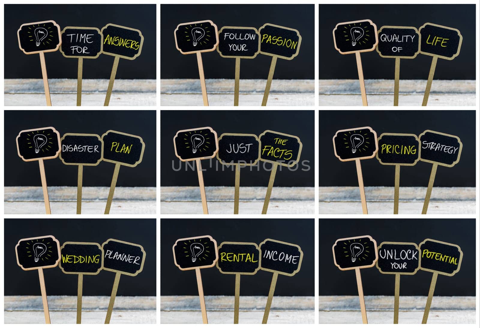 Photo collage of concept messages written with chalk on wooden mini blackboard labels and light bulb as symbol for idea, defocused chalkboard and wood table in background