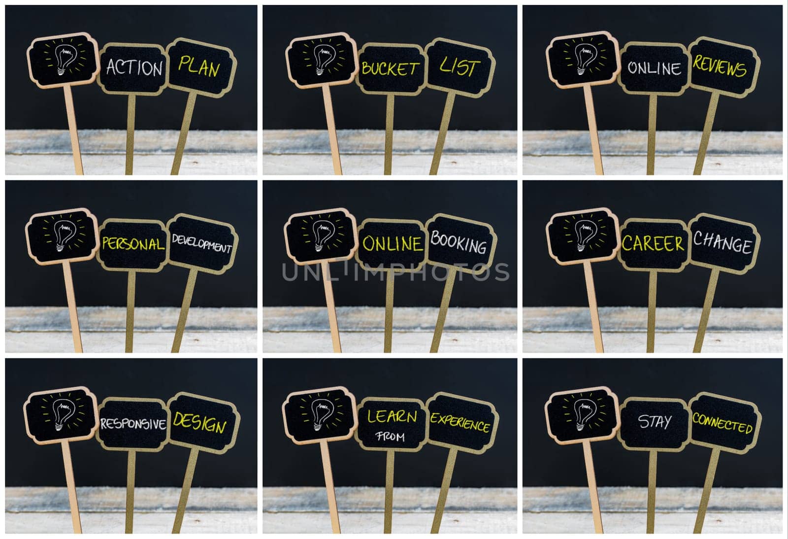 Photo collage of concept messages written with chalk on wooden mini blackboard labels and light bulb as symbol for idea, defocused chalkboard and wood table in background