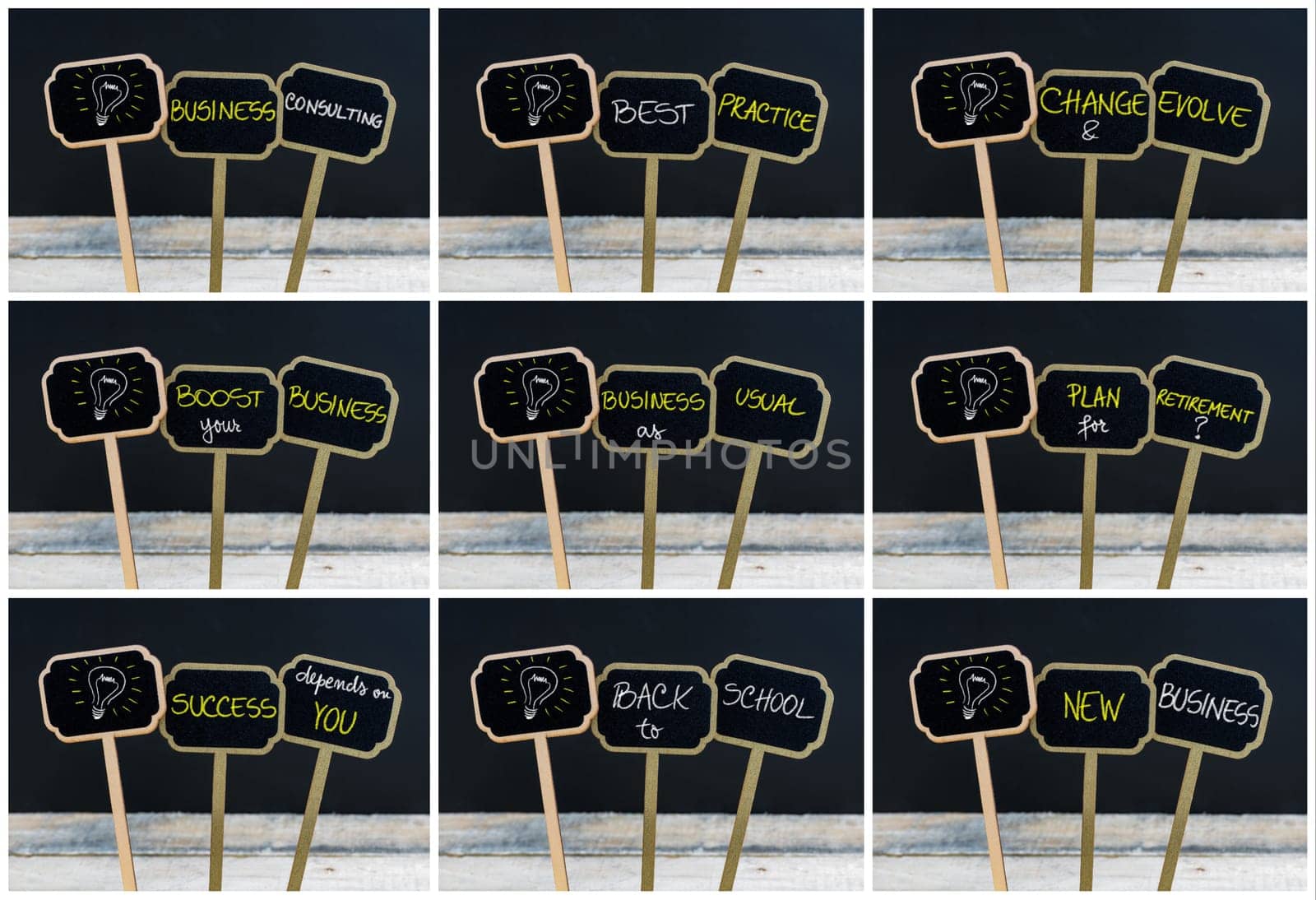 Photo collage of concept messages written with chalk on wooden mini blackboard labels and light bulb as symbol for idea, defocused chalkboard and wood table in background