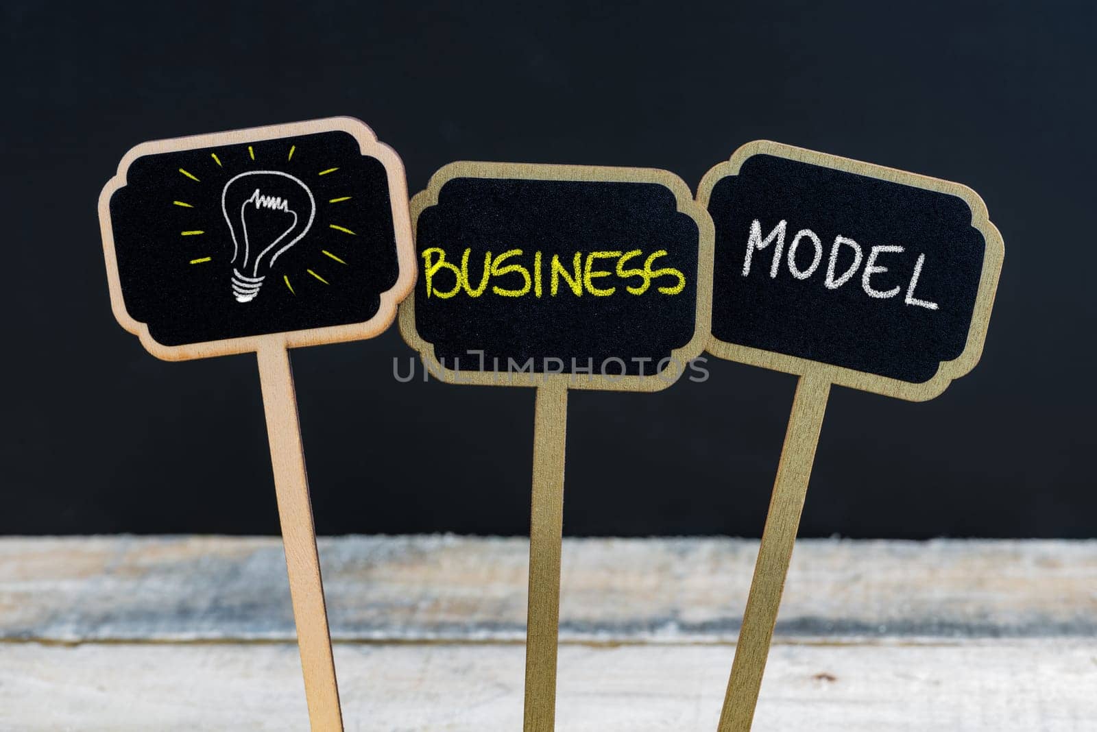 Concept message BUSINESS MODEL and light bulb as symbol for idea written with chalk on wooden mini blackboard labels, defocused chalkboard and wood table in background