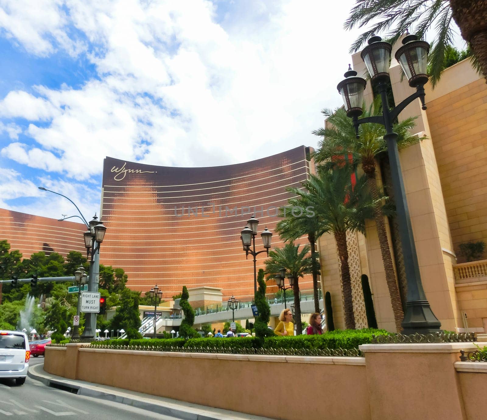 Las Vegas, United States of America - May 05, 2016: The view from car of Las Vegas Strip hotel resorts and casinos. Over 39.7 million people visit Las Vegas each year.