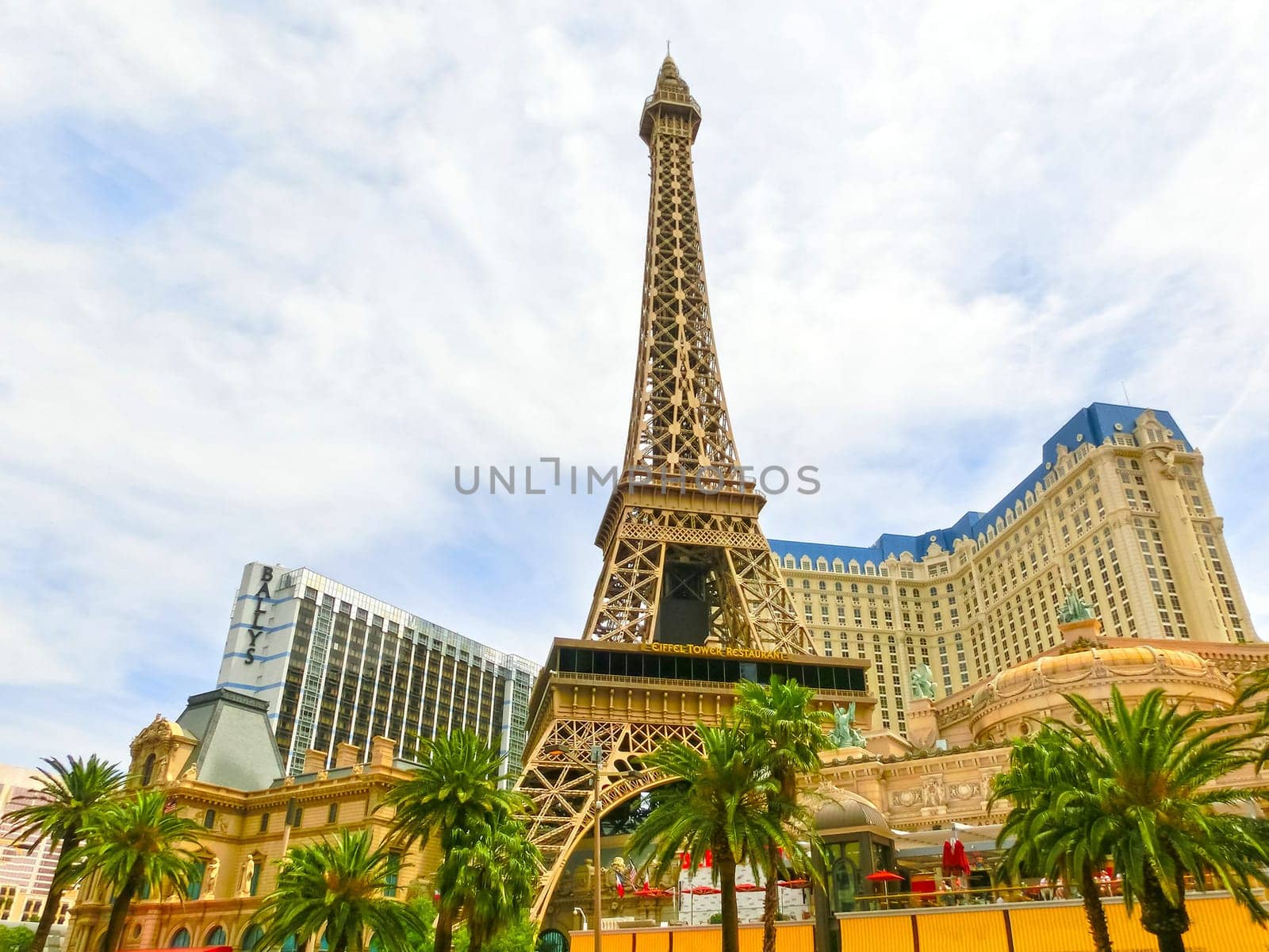 Las Vegas, United States of America - May 05, 2016: Replica Eiffel Tower in Las Vegas with clear blue sky on The Strip, the world famous Las Vegas Boulevard South