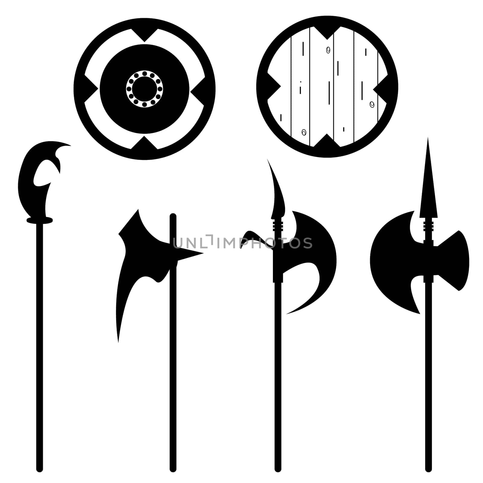 Set of historical halberd silhouettes. Illustration with slashing weapons on a light background.