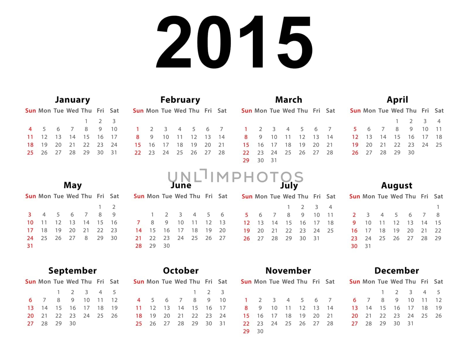 Calendar of 2015 isolated on white background