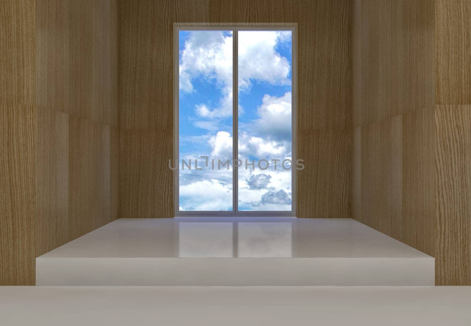 Room with wooden walls and white floor and clouds view on window
