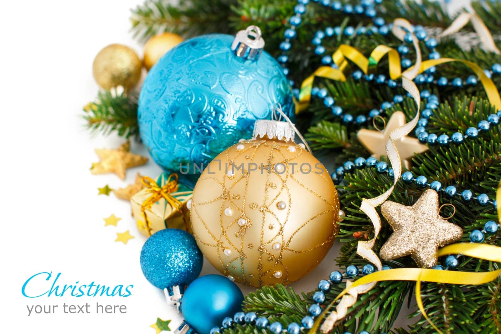 Turquoise and golden Christmas ornaments border on white background